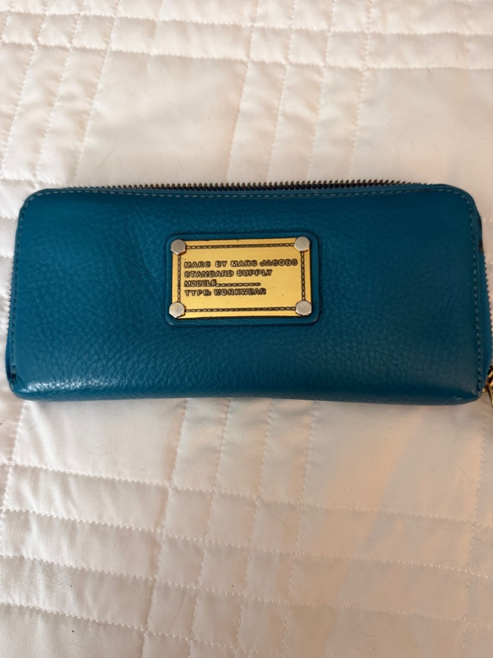 Marc by Marc Jacobs Teal Leather Zip-Around Wallet with Gold Plaque